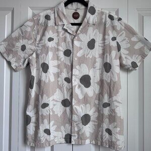 Common People Men's Large Floral Button Up Short Sleeve Shirt Beige Stylish Boho